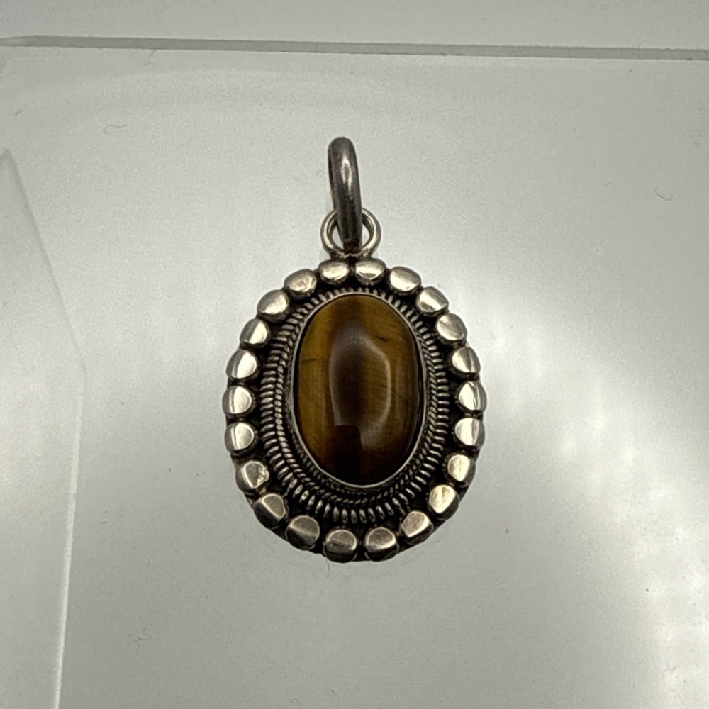 Natural Tiger's Eye Gemstone Oval Cut Pendant 925 Sterling Silver 6.51g Vintage
